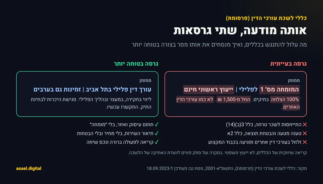 השוואה בין שתי מודעות חיפוש לעורך דין פלילי: מודעה בעייתית עם ייעוץ חינם, המומחה מספר 1, 100% הצלחה ומחיר, מול מודעה תקינה עם תחום עיסוק, אזור, זמינות ותיאור השירות, לצד הכללים הרלוונטיים